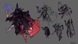 Rule 34 | absurdres, armor, black armor, character sheet, concept art, extra arms, fantasy, glowing, glowing eyes, grey background, hat, highres, lancer rpg, magic, magic circle, mecha, one-eyed, original, prototype design, purple eyes, robot, science fiction, sigil, sketch, tfinnbarr, witch, witch hat