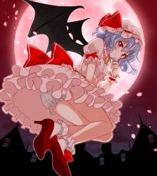 Rule 34 | 1girl, bat wings, bloomers, blue hair, blush, bow, breasts, brooch, building, cherry blossoms, closed mouth, commentary, dress, floating, frilled dress, frilled socks, frills, from below, full body, full moon, glint, hair between eyes, hand on own chin, hat, hat ribbon, high heels, jewelry, large bow, light blue hair, looking at viewer, mob cap, moon, night, night sky, okawa friend, outdoors, petals, pink dress, pink hat, puffy short sleeves, puffy sleeves, red bow, red eyes, red footwear, red moon, remilia scarlet, ribbon, short hair, short sleeves, sky, small breasts, smile, socks, solo, touhou, underwear, upskirt, white bloomers, white socks, wings, wrist cuffs