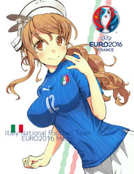 Rule 34 | 10s, 1girl, blush, breasts, brown eyes, brown hair, euro 2016, fujii jun, hat, italian flag, italy, kantai collection, large breasts, littorio (kancolle), long hair, looking at viewer, ponytail, shorts, smile, soccer, soccer uniform, solo, sportswear, wavy hair