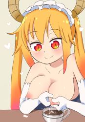 Rule 34 | 1girl, blonde hair, blue dress, blush, breasts, coffee, coffee cup, collarbone, cup, disposable cup, dragon girl, dress, gloves, gradient hair, heart, highres, horns, kobayashi-san chi no maidragon, lactating into container, lactation, large breasts, long hair, maid headdress, multicolored hair, nipples, red eyes, smile, solo, tnt77, tohru (maidragon), twintails