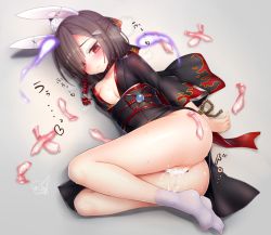 Rule 34 | 1girl, 3:, aftersex, animal ears, artist name, ass, azur lane, bar censor, black kimono, blush, bound, bound wrists, breasts, brown hair, censored, collarbone, condom, cum, cum in pussy, doyouwantto, hair over one eye, half updo, japanese clothes, jitome, kimono, long legs, lying, mechanical ears, obi, on side, rabbit ears, red eyes, rope, sash, shiranui (azur lane), short hair, signature, small breasts, socks, solo, thighs, used condom, white socks, wide sleeves