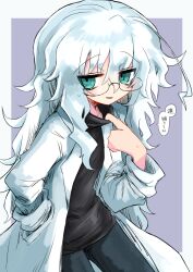 Rule 34 | 1girl, ahoge, alternate hair length, alternate hairstyle, black shirt, border, coat, collar tug, commentary request, cowboy shot, denim, glasses, green eyes, hair between eyes, hand in pocket, hand up, jeans, jitome, kagaku chop, kyuusui gakari, lab coat, light smile, long hair, long sleeves, looking at viewer, looking over eyewear, messy hair, open clothes, open coat, outside border, pants, purple background, shirt, solo, speech bubble, standing, suzuzono sai, translation request, turtleneck shirt, white border, white coat, white hair