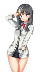 Rule 34 | 10s, 1girl, :p, arm up, black hair, black skirt, blue eyes, blush, breasts, cardigan, cowboy shot, gridman universe, hand in own hair, hand in pocket, highres, looking at viewer, pixel (yuxian), pleated skirt, school uniform, simple background, skirt, small breasts, smile, solo, ssss.gridman, takarada rikka, thighs, tongue, tongue out, tsurime, white background