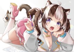 Rule 34 | 1girl, :d, ahoge, animal, animal ear fluff, animal ears, blunt bangs, blush, breasts, brown hair, cat, choker, cleavage, commentary request, detached sleeves, dog ears, dog girl, dog tail, eyes visible through hair, fang, flower, foot out of frame, hair ornament, hand on own chest, hands up, head rest, high heels, holding, holding pencil, indie virtual youtuber, inumine aya, inumine aya (vtuber), leg up, long sleeves, looking at viewer, lying, medium breasts, multicolored hair, open mouth, paper, pencil, pink flower, pink skirt, puffy long sleeves, puffy sleeves, purple eyes, shirt, skirt, smile, solo, star (symbol), star hair ornament, tail, thighhighs, twintails, two-tone hair, virtual youtuber, white hair, white shirt, white thighhighs