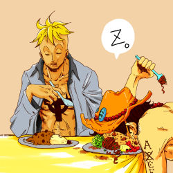 Rule 34 | 2boys, blonde hair, brown hair, curry, eating, food, food on face, fork, hat, jolly roger, karukaradon818, male focus, marco (one piece), multiple boys, muscular, one piece, open clothes, open shirt, pirate, plate, portgas d. ace, sad face, shirt, sleeping, spoon, table, tattoo, zzz