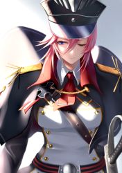 Rule 34 | 1girl, azur lane, banned artist, black cape, black hat, blue eyes, breasts, cape, cloak, closed mouth, commentary, cross, hat, highres, holstered, iron cross, lips, long hair, looking at viewer, medium breasts, military, military hat, military uniform, necktie, neconel, one eye closed, peaked cap, pink hair, red necktie, revision, seydlitz (azur lane), solo, sword, uniform, upper body, weapon, white background