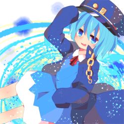 Rule 34 | 1girl, :d, adapted costume, alternate costume, bad id, bad pixiv id, blue eyes, blue hair, cirno, coat, cosplay, hat, ice, ice wings, jojo no kimyou na bouken, kuujou joutarou, kuujou joutarou (cosplay), looking at viewer, matching hair/eyes, mob cap, open mouth, shapeson, short hair, smile, solo, tedamarutarou, touhou, wings