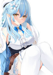 Rule 34 | 1girl, bare shoulders, blouse, blue bow, blue hair, blue skirt, bow, breasts, center frills, closed mouth, commentary request, feet out of frame, frilled skirt, frills, fur trim, hair between eyes, half updo, highres, hikashou, hololive, knees together feet apart, knees up, long hair, medium breasts, multicolored hair, plaid, plaid bow, pleated skirt, pointy ears, print skirt, shirt, sitting, skirt, sleeveless, sleeveless shirt, smile, snowflake print, solo, streaked hair, thighhighs, virtual youtuber, white background, white shirt, white thighhighs, yellow eyes, yukihana lamy