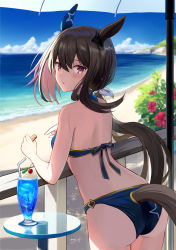 Rule 34 | 1girl, admire vega (umamusume), against railing, animal ears, ass, bare arms, bare shoulders, beach, bikini, blue bikini, blue ribbon, blue sky, blush, cherry, clothing cutout, day, drink, drinking straw, food, from behind, fruit, hair ribbon, highres, holding, horizon, horse ears, horse girl, horse tail, leaning forward, long hair, looking at viewer, looking back, low ponytail, may9, ocean, outdoors, railing, red eyes, ribbon, sky, solo, star (symbol), swimsuit, table, tail, tail through clothes, umamusume, white ribbon