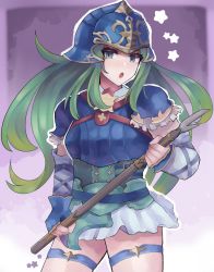 Rule 34 | 1girl, absurdres, armor, blue armor, blue eyes, blue gloves, breastplate, detached sleeves, dtomebreaker, fingerless gloves, fire emblem, fire emblem: path of radiance, gloves, gradient background, green hair, highres, holding, holding polearm, holding weapon, long hair, looking at viewer, nephenee (fire emblem), nintendo, open mouth, polearm, simple background, skirt, solo, star (symbol), thighhighs, weapon, white skirt, zettai ryouiki