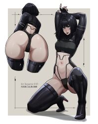Rule 34 | 1girl, aelion draws, arms behind head, arms up, artist name, ass, black footwear, black gloves, black hair, black panties, blue eyes, boots, breasts, from behind, full body, gloves, high heels, highres, latex, looking at viewer, medium breasts, multiple views, navel, original, panties, patreon username, short hair, simple background, skindentation, solo, squatting, stomach, thigh boots, thighhighs, thighs, thong, underwear