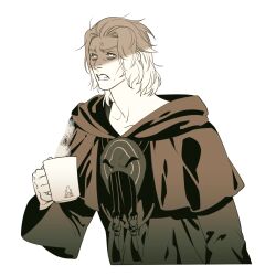 Rule 34 | 1boy, 5altybitter5, angry, clenched teeth, cup, emet-selch, final fantasy, final fantasy xiv, highres, holding, holding cup, male focus, mask, mask around neck, simple background, solo, sophist&#039;s robe (ff14), steam, teeth, upper body, white background