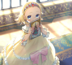Rule 34 | 1girl, absurdres, aged down, anlucea, backlighting, blonde hair, blue eyes, blurry, blush, bokeh, book, bow, cameo, carpet, child, commentary request, covering own mouth, day, depth of field, dragon quest, dragon quest iii, dragon quest x, dress, feet out of frame, fingernails, flipped hair, forehead, frilled dress, frills, gem, glint, hair slicked back, hairband, highres, holding, holding book, indoors, looking at viewer, off-shoulder dress, off shoulder, pink bow, pink ribbon, ribbon, roto (dq3), short hair, sleeves past elbows, smile, solo, standing, window, window shadow, yellow dress, yupiteru
