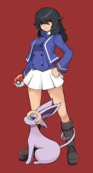 Rule 34 | 1girl, absurdres, andou (girls und panzer), bc freedom military uniform, black eyes, black footwear, black hair, blue jacket, blue vest, boots, brown eyes, closed mouth, commentary request, creatures (company), dark-skinned female, dark skin, dress shirt, espeon, frown, full body, game freak, gen 2 pokemon, girls und panzer, hand on own hip, high collar, highres, holding, holding poke ball, jacket, knee boots, long sleeves, looking to the side, medium hair, messy hair, military, military uniform, miniskirt, nintendo, partial commentary, pleated skirt, poke ball, poke ball (basic), pokemon, pokemon (creature), red background, shibainutank, shirt, simple background, skirt, solo, standing, uniform, vest, white shirt, white skirt