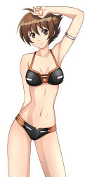 Rule 34 | 1girl, arm behind back, arm up, armband, armpits, bikini, black bikini, breasts, breasts apart, brown eyes, brown hair, cleavage, cleavage cutout, clothing cutout, cowboy shot, flipped hair, hair between eyes, hand on own head, highres, kenken, looking at viewer, mazinger (series), mazinger z, mazinkaiser skl, narrow waist, navel, short hair, side cutout, simple background, smile, solo, standing, swimsuit, tsubasa yuki, voice actor connection, white background