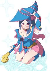 Rule 34 | 1girl, blue footwear, blue hair, blue hat, blush, breasts, cleavage, cosplay, dark magician girl (cosplay), embarrassed, glasses, hat, highres, holding, holding wand, hys-d, little witch academia, looking at viewer, red eyes, seiza, showgirl skirt, sitting, solo, ursula callistis, wand, wizard hat, yu-gi-oh!