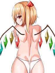 Rule 34 | 1girl, ass, blonde hair, covering privates, covering breasts, crystal, flandre scarlet, highres, kiui (dagk8254), looking at viewer, looking back, panties, red eyes, short hair, simple background, solo, thong, topless, touhou, underwear, white background, white panties, wings