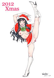 Rule 34 | 1girl, blue eyes, blue hair, blush, boots, breasts, censored, christmas, female focus, full body, gloves, hat, high heel boots, high heels, jinjin, leg lift, long hair, looking at viewer, matching hair/eyes, no panties, open mouth, pussy, ribbon, santa claus, santa costume, santa hat, signature, skirt, solo, standing, standing on one leg, thighs, wavy hair, white background