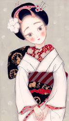 Rule 34 | 1girl, black hair, blush, bow, brown eyes, grey background, hair bow, hair ornament, head tilt, japanese clothes, kimono, lips, looking at viewer, makita haruka, nihongami, original, own hands together, solo, traditional media, updo, v arms
