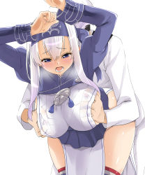 Rule 34 | 10s, 1boy, 1girl, absurdres, admiral (kancolle), ainu clothes, black hair, blue eyes, grabbing another&#039;s breast, breasts, grabbing, hair between eyes, headband, hetero, highres, kamoi (kancolle), kantai collection, large breasts, long hair, long sleeves, military, military uniform, naval uniform, open mouth, pelvic curtain, sarfata, short hair, silver hair, simple background, uniform, white background