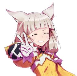 Rule 34 | 1girl, :d, absurdres, animal ears, cat ears, cat girl, closed eyes, facing viewer, gloves, grey hair, grin, highres, jumpsuit, long sleeves, nia (xenoblade), open mouth, outstretched arm, short hair, simple background, smile, solo, teeth, tsukinaga, upper body, v, white background, white gloves, white hood, xenoblade chronicles (series), xenoblade chronicles 2, yellow jumpsuit