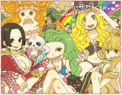 Rule 34 | 6+girls, amazon lily, amazon warrior, aphelandra, bacura, bacura (one piece), bandeau, belladonna, belladonna (one piece), bird, blonde hair, boa hancock, boa marigold, boa sandersonia, breasts, brown hair, cat, cleavage, crossed legs, daisy (one piece), eagle, earrings, family, fat, female focus, green eyes, green hair, grin, hat, hawk, heart, horns, jewelry, kikyo (one piece), kikyou (one piece), large breasts, legs, lips, long hair, looking at viewer, marguerite (one piece), matching hair/eyes, medium breasts, midriff, multiple girls, navel, nerine (one piece), one eye closed, one piece, orange hair, panther, pet, pink hair, pirate, rainbow, ran (one piece), rindou (one piece), salome (one piece), salute, siblings, sisters, sitting, skull, smile, snake, sweet pea (one piece), tree, wreath, yukke