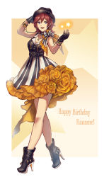 Rule 34 | 10s, 1girl, bad id, bad pixiv id, black footwear, black gloves, black hat, blue eyes, boots, bow, bracelet, breasts, character name, cleavage, english text, flower, full body, gloves, hair between eyes, hand on headwear, happy birthday, hat, high-waist skirt, high heel boots, high heels, highres, jewelry, kaname buccaneer, macross, macross delta, medium breasts, necklace, orange bow, red hair, rose, shimatani azu, short hair, skirt, sleeveless, solo, standing, star (symbol), star necklace, striped bow, striped clothes, striped skirt, white background, yellow flower, yellow rose