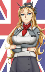 Rule 34 | 1girl, ascot, blonde hair, blue eyes, breasts, cowboy shot, decepticonswarior, frown, headgear, highres, kantai collection, large breasts, long sleeves, military, military uniform, nelson (kancolle), pencil skirt, red ascot, skirt, solo, uniform, union jack