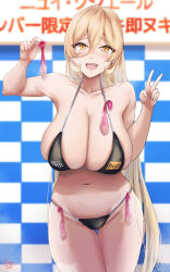 Rule 34 | :d, bare arms, bare shoulders, bikini, black bikini, blonde hair, blush, breasts, cleavage, collarbone, commentary request, condom, cowboy shot, ear piercing, hair between eyes, hands up, highres, holding, holding condom, ibara azuki, large breasts, long hair, looking at viewer, navel, nijisanji, nui sociere, open mouth, piercing, signature, smile, stomach, swimsuit, thighs, used condom, v, virtual youtuber, yellow eyes