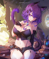 Rule 34 | 1girl, animal ears, arm behind head, arm support, asymmetrical gloves, black gloves, blurry, blurry background, book, book stack, bottle, breasts, cat ears, cat tail, choker, cleavage, covered navel, crop top, fingerless gloves, forest, frilled choker, frills, garter straps, gloves, hair between eyes, head tilt, holding, lantern, large breasts, long hair, looking at viewer, mismatched gloves, mitsu (mitsu art), nature, original, paint on body, paint splatter, paint splatter on face, paintbrush, patreon username, purple eyes, purple hair, see-through, sidelocks, sitting, solo, strapless, tail, thighhighs, thong, white thighhighs