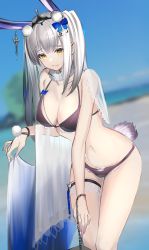 Rule 34 | 1girl, absurdres, animal ears, beach, bikini, black bikini, blue bow, blunt bangs, blurry, blurry background, bow, breasts, chain, cleavage, ear ornament, earrings, eugle na, extra ears, fur collar, hair behind ear, hair ornament, highres, jewelry, kaavi, large breasts, leaning forward, long hair, looking at viewer, mahjong soul, navel, ocean, outdoors, pom pom (clothes), rabbit ears, rabbit girl, rabbit tail, silver hair, sky, solo, standing, swimsuit, tail, thigh strap, veil, water, x hair ornament, yellow eyes