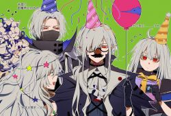 Rule 34 | 1boy, 3girls, :d, :|, absurdres, arknights, ascot, balloon, black capelet, black coat, black mask, blue headwear, blush, capelet, chinese text, closed eyes, closed mouth, coat, fake facial hair, fake mustache, fanqiezijinnianyidinghaohaoxuexi, fish, gift, gladiia (arknights), glasses, green background, grey hair, hair between eyes, hair over one eye, hat, highres, holding, holding balloon, holding gift, long hair, looking at another, mask, mouth mask, multiple girls, neck ribbon, open mouth, party hat, pink headwear, pointy ears, red eyes, red ribbon, ribbon, sharp teeth, short hair, skadi (arknights), slit pupils, smile, specter (arknights), swordfish, teeth, translated, ulpianus (arknights), upper teeth only, very long hair, white ascot, yellow headwear
