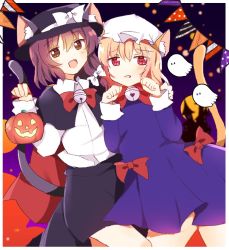 Rule 34 | 2girls, animal ears, bell, black capelet, blonde hair, blush, bow, bowtie, brown eyes, brown hair, capelet, cat ears, cat tail, contrapposto, dress, fedora, gesture, ghost, halloween, halloween bucket, hat, hat bow, hat ribbon, jingle bell, long sleeves, maribel hearn, mob cap, multiple girls, neck bell, necktie, open mouth, paw pose, purple dress, red bow, red bowtie, red eyes, red ribbon, ribbon, shirt, short hair, tail, touhou, usami renko, white bow, white shirt, zerokosan