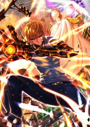 Rule 34 | 2boys, abs, bald, belt, black sclera, cape, clenched hand, colored sclera, cyborg, embers, fire, foreshortening, genos, gloves, highres, male focus, multiple boys, one-punch man, outdoors, saitama (one-punch man), skin tight, sky, swordsouls, traffic light, yellow eyes