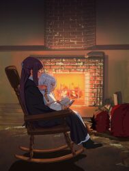 Rule 34 | 1boy, 2girls, black coat, black hair, black robe, blunt bangs, book, capelet, chair, coat, collar, commentary request, elf, fern (sousou no frieren), fire, fireplace, fireplace tool stand, firewood, frieren, frilled collar, frills, green eyes, highres, holding, holding book, long hair, multicolored hair, multiple girls, on chair, on floor, pointy ears, purple hair, reading, red hair, robe, rocking chair, ryusei hashida, sitting, sitting on lap, sitting on person, sousou no frieren, stark (sousou no frieren), straight hair, twintails, two-tone hair, white capelet, white hair