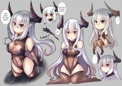 Rule 34 | 10s, 1girl, :&lt;, :o, ?, arms behind back, between legs, black gloves, blush, borrowed character, breasts, brown thighhighs, chestnut mouth, chibi, closed mouth, colo mag-chan, colossus (granblue fantasy), detached sleeves, draph, english text, eyebrows, gloves, granblue fantasy, grey background, hair between eyes, horns, kuronekozero, leotard, long hair, long sleeves, medium breasts, multiple views, open mouth, original, piloting, pointy ears, red eyes, sitting, speech bubble, spoken question mark, staff, taut leotard, thighhighs, tsurime, turtleneck, upper body, v arms, white hair