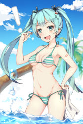 Rule 34 | !, 1girl, aqua hair, bad id, bad pixiv id, bikini, blue eyes, blue sky, breasts, cloud, collarbone, cowboy shot, creatures (company), day, drooling, eyelashes, game freak, groin, hair ornament, hair ribbon, halterneck, hand on own hip, hatsune miku, highres, holding, holding towel, long hair, medium breasts, nintendo, ocean, open mouth, palm tree, poke ball symbol, pokemon, ribbon, sky, snapping fingers, solo, sparkle, stomach, string bikini, striped bikini, striped clothes, summer, swimsuit, tattoo, towel, tree, twintails, underboob, vocaloid, wading, water drop, z shichao
