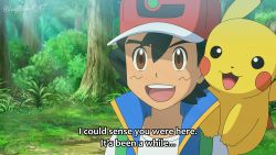 Rule 34 | 1boy, :d, ash ketchum, baseball cap, black hair, blue vest, brown eyes, commentary, creatures (company), derivative work, english commentary, forest, game freak, gen 1 pokemon, hat, highres, leafbladex yt, light rays, looking at another, nature, nintendo, open mouth, pikachu, pokemon, pokemon (anime), pokemon (creature), pokemon journeys, screenshot redraw, shirt, smile, spiked hair, subtitled, sunbeam, sunlight, teeth, twitter username, upper body, upper teeth only, vest, white shirt