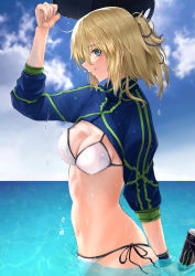 Rule 34 | 1girl, absurdres, arm behind back, artoria pendragon (fate), baseball cap, bikini, black hat, blonde hair, blue eyes, blue sleeves, blush, breasts, can, cleavage, closed mouth, cloud, day, fate/grand order, fate (series), from side, hair between eyes, hair ribbon, hat, highres, holding, holding can, holding clothes, holding hat, kugatunohito, long hair, long sleeves, looking at viewer, looking to the side, medium breasts, mysterious heroine x (fate), mysterious heroine xx (fate), navel, ocean, outdoors, ponytail, profile, purple ribbon, ribbon, shrug (clothing), side-tie bikini bottom, sideboob, smile, solo, standing, swimsuit, unworn hat, unworn headwear, wading, wet, wet hair, white bikini, wristband