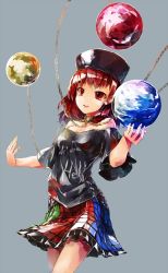 Rule 34 | 1girl, bare shoulders, chain, clothes writing, collar, earth (ornament), hat, hecatia lapislazuli, long hair, moon (ornament), multicolored clothes, multicolored skirt, murachiki, open mouth, red eyes, red hair, shirt, skirt, solo, t-shirt, touhou