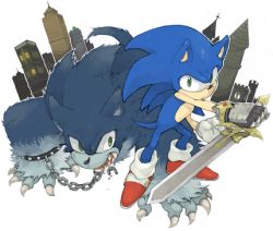 Rule 34 | dual persona, furry, furry male, gloves, green eyes, holding, holding sword, holding weapon, lowres, male focus, sega, sonic (series), sonic and the black knight, sonic (series), sonic the hedgehog, sonic unleashed, sword, tail, weapon, werehog, white background