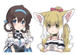 Rule 34 | 2girls, alternate hairstyle, animal ear fluff, animal ears, arknights, bare shoulders, black collar, blonde hair, blue eyes, blue hairband, blush, braid, braided hair rings, brown hair, closed mouth, collar, collarbone, colored tips, commentary request, cosplay, costume switch, dress, fox ears, fox girl, fox tail, frilled sleeves, frills, green eyes, hair rings, hairband, hairstyle switch, highres, idolmaster, idolmaster million live!, kitsune, kyuubi, long hair, looking at viewer, material growth, multicolored hair, multiple girls, multiple tails, oripathy lesion (arknights), partial commentary, satake minako, semi colon, short hair, short sleeves, simple background, single wrist cuff, steepled fingers, suzuran (arknights), tail, twin braids, upper body, white background, white hair, wrist cuffs