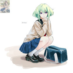 Rule 34 | bag, unworn bag, blue skirt, colored eyelashes, crossdressing, dated, green hair, hands on own chin, highres, lio fotia, loafers, long sleeves, photo-referenced, photo inset, pleated skirt, prmattotia, promare, purple eyes, reference inset, school bag, school uniform, serafuku, shoes, short hair, simple background, skirt, socks, squatting, trap, white background, white socks