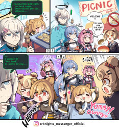 Rule 34 | 1boy, 4girls, angry, animal ears, arknights, bear ears, bear girl, cat ears, cat girl, ceobe (arknights), cooking, dog ears, dog girl, dog tail, doughnut, eating, english text, executor (arknights), executor the ex foedere (arknights), food, food in mouth, food on face, goldenglow (arknights), gummy (arknights), halo, highres, hm (hmongt), holding, holding stick, meatball, multiple girls, official art, scottish fold, speech bubble, spuria (arknights), steak, stick, surprised, swallowing, tail, tail wagging, thinking