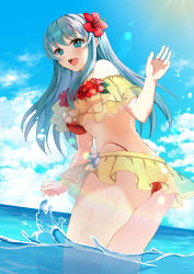 Rule 34 | 1girl, :d, absurdres, aqua hair, ass, bare shoulders, bikini, bikini skirt, blue eyes, cowboy shot, eirika (fire emblem), fire emblem, fire emblem: the sacred stones, fire emblem heroes, flower, from behind, hair flower, hair ornament, halterneck, hibiscus, highleg, highleg bikini, highleg swimsuit, highres, layered bikini, looking at viewer, looking back, microskirt, nintendo, off-shoulder bikini, off shoulder, official alternate costume, open mouth, partially submerged, red bikini, skirt, smile, solo, string bikini, swimsuit, tara (szzj7733), two-tone bikini, two-tone swimsuit, yellow bikini