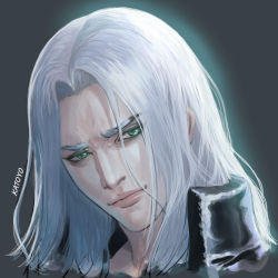 Rule 34 | 1boy, close-up, closed mouth, final fantasy, final fantasy vii, final fantasy vii remake, green eyes, grey background, head tilt, high collar, highres, katoyo85, long hair, parted bangs, pink lips, portrait, sephiroth, silver hair, solo