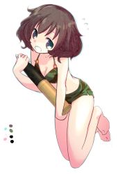 Rule 34 | 10s, 1girl, akiyama yukari, barefoot, bikini, bikini shorts, breasts, brown eyes, brown hair, camouflage, camouflage bikini, cleavage, color guide, commentary request, flying sweatdrops, full body, girls und panzer, green bikini, head tilt, highres, holding, kneeling, looking at viewer, messy hair, moro (like the gale!), open mouth, short hair, shorts, small breasts, solo, swimsuit, tank shell, white background