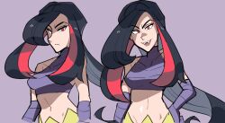 Rule 34 | 1girl, bare shoulders, black hair, breasts, collarbone, creatures (company), crop top, fangs, frown, game freak, gloves, head tilt, highres, long hair, looking at viewer, loveycloud, lucy (pokemon), medium breasts, midriff, multicolored hair, multiple views, navel, nintendo, open mouth, pokemon, pokemon emerald, pokemon rse, purple background, purple gloves, purple shirt, red eyes, red hair, shaded face, shirt, sidelocks, simple background, sleeveless, streaked hair, tsurime, two-tone hair, upper body, very long hair