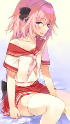 Rule 34 | 1boy, astolfo (fate), astolfo (sailor paladin) (fate), black ribbon, blouse, blush, braid, braided ponytail, collarbone, commentary request, eyes visible through hair, fang, fate/apocrypha, fate/grand order, fate (series), hair ribbon, highres, long hair, looking at viewer, male focus, mirei, navel, neckerchief, off shoulder, official alternate costume, open mouth, pink hair, pink neckerchief, pleated skirt, purple eyes, red skirt, ribbon, school uniform, serafuku, shirt, short sleeves, sideways mouth, single braid, sitting, skirt, smile, solo, thighhighs, white shirt, white thighhighs, zettai ryouiki