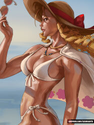 Rule 34 | 1girl, azuma yasuo, bare shoulders, bikini, breasts, cape, cleavage, from side, hat, highres, kanzuki karin, large breasts, lips, ocean, street fighter, swimsuit, water
